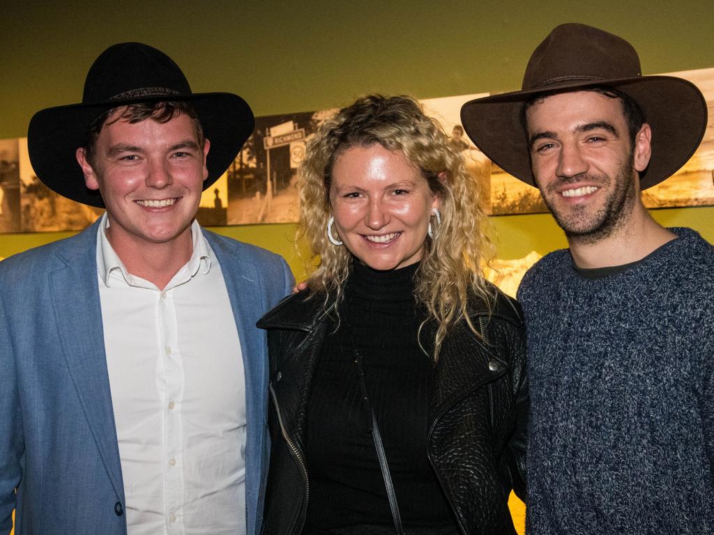 Opening of the TMAG Dark Mofo major exhibition Tense Past by Julie Gough. Nick Edmondson, of Lenah Valley, left, Alice Croft, of Launceston, and Dexter Marcenko, of Longford. Picture: Alastair Bett Photography