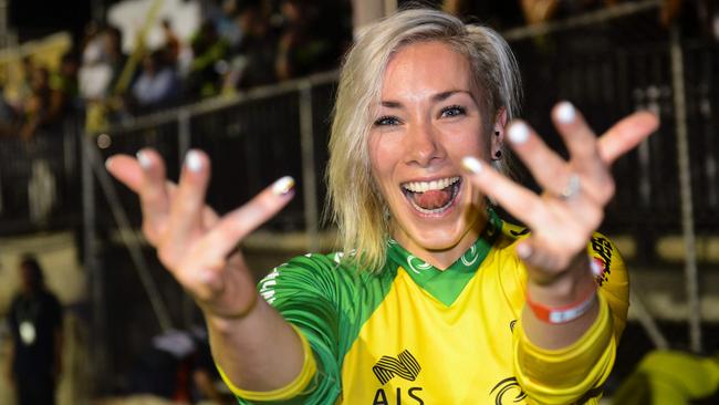 Caroline Buchanan of Australia celebrates after winning a gold medal in the Elite Womens Time Trial Race during of the UCI BMX World Championships.