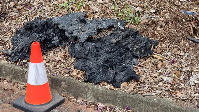 The remains of a vehicle fire in Heritage Close, Kirwan. Picture: Chris McMahon