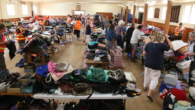 The Lucknow Memorial hall outside of Bairnsdale is full of donated clothes, food and toys from the community for victims of the Gippsland bushfires. Picture: David Crosling