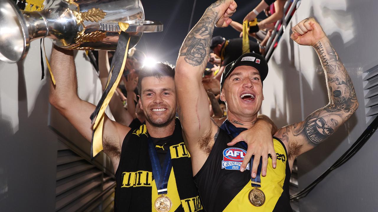 Trent Cotchin and Dustin Martin celebrate the premiership win. Picture: Michael Klein