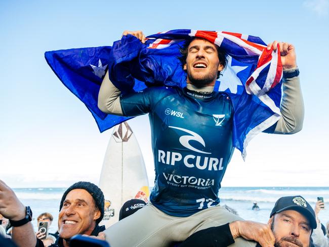 Jack Robinson after winning the Final at the Rip Curl Pro Bells Beach on April 27, 2025 at Bells Beach, Victoria, Australia. (Photo by Cait Miers/World Surf League)