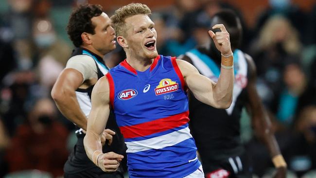 Adam Treloar silenced his critics by chalking up one goal, 23 touches, two goal assists and five clearances in the Bulldogs’ 71-point thrashing of Port Adelaide. Picture: Michael Willson/AFL Photos via Getty Images