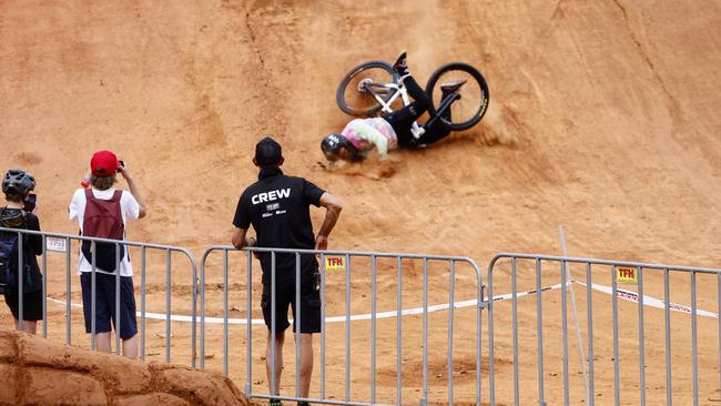 Jayden Fleming crashes hard in the National Whipoff Championship on Day One of Crankworx Cairns. Picture: Brendan Radke