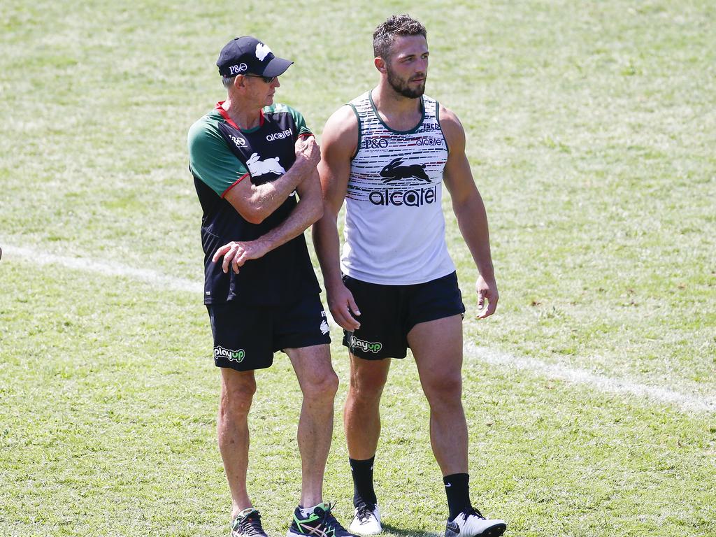 South Sydney Rabbitohs player, Sam Burgess pictured with coach Wayne Bennett, at a training session at Redfern Oval after splitting with wife Phoebe Burgess. Picture: Dylan Robinson