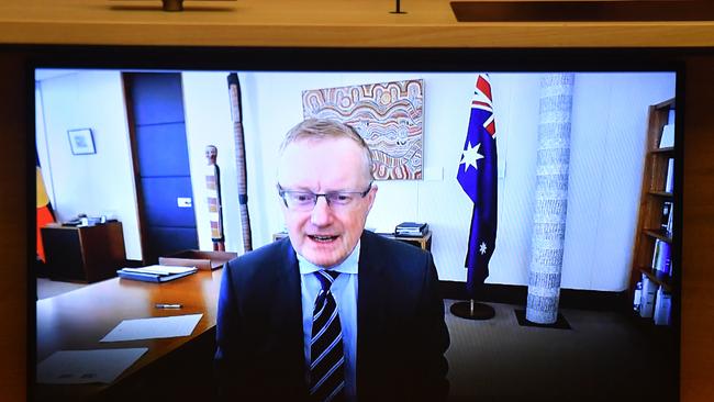 Reserve Bank of Australia Governor Philip Lowe appears by audio visual link at the Senate Inquiry into COVID-19 (AAP Image/Mick Tsikas)