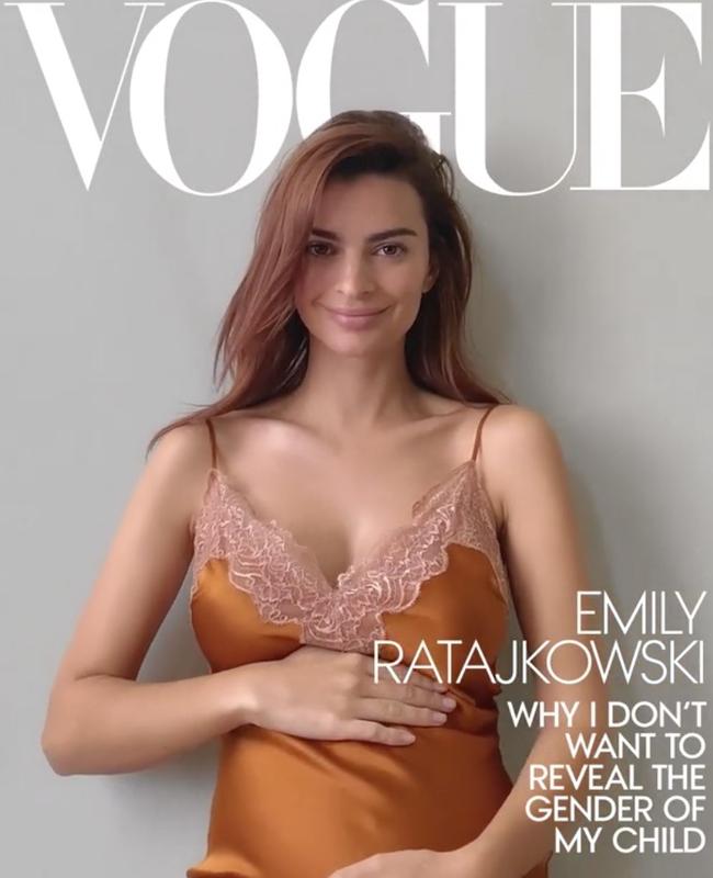 Emily Ratajkowski reveals pregnancy on the digital cover of Vogue. Picture: Vogue magazine