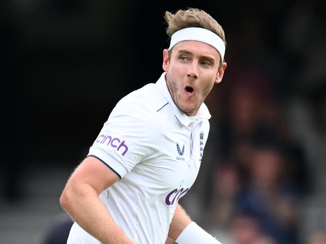 LONDON, ENGLAND - JULY 28: Stuart Broad of England celebrates taking the wicket of Travis Head of Australia during Day Two of the LV= Insurance Ashes 5th Test Match between England and Australia at The Kia Oval on July 28, 2023 in London, England. (Photo by Gareth Copley/Getty Images)