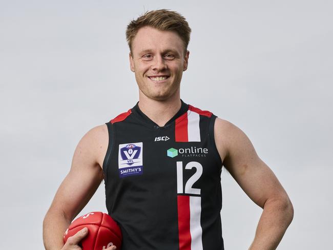 MELBOURNE, AUSTRALIA - MARCH 12: Trent Mynott of Frankston poses during the 2024 VFL/W Season Launch at ETU Stadium on March 12, 2024 in Melbourne, Australia. (Photo by Graham Denholm/AFL Photos/via Getty Images)