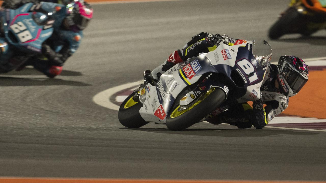 DOHA, QATAR - MARCH 10: Senna Agius of Australia and Liqui Moly Husqvarna Intact GP leads the field during the Moto2 race during the MotoGP Of Qatar - Race at Losail Circuit on March 10, 2024 in Doha, Qatar. (Photo by Mirco Lazzari gp/Getty Images)