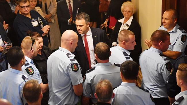 Prison officers packed State Parliament’s public gallery to applaud Opposition Leader Peter Malinauskas’ Budget reply speech. Picture: AAP / David Mariuz