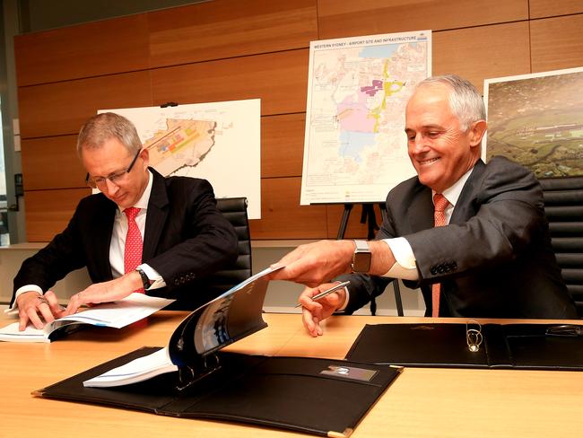 Take-off... The PM and Infrastructure Minister Paul Fletcher release the finalised Western Sydney Airport Plan today. Picture: Stephen Cooper