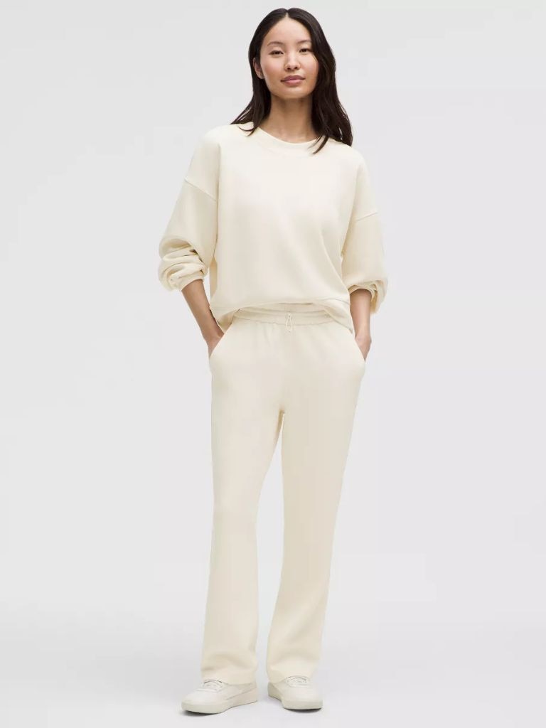 The Lululemon Softstreme High-Rise Pants in light ivory are the definition of clean and cosy. Picture: Lululemon