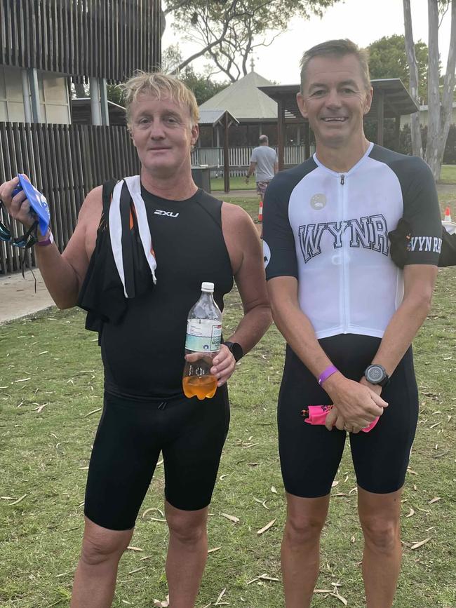 Craig Smith and Chuck Mamers at the Hervey Bay 100 Triathlon on Sunday, November 26, 2023.