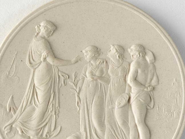 Wedgwood: Master Potter to the Universe exhibition. Sydney Cove Medallion1789, earthenware using clay from Sydney Cove. Wedgwood (Britain,established 1759), Henry Webber, designer, William Hackwood, modeler.Mitchell Library, State Library of New South Wales. Bequest of L. RichardSmith, 2003