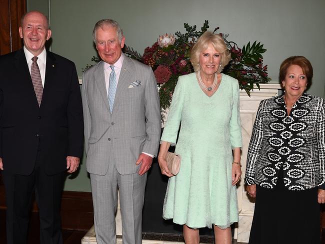 Governor General Sir Peter Cosgrove, Prince Charles, the Duchess of Cornwall and Lynne Cosgrove stand for a photo at Old Government House in Brisbane. Picture: Dan Peled/AAP