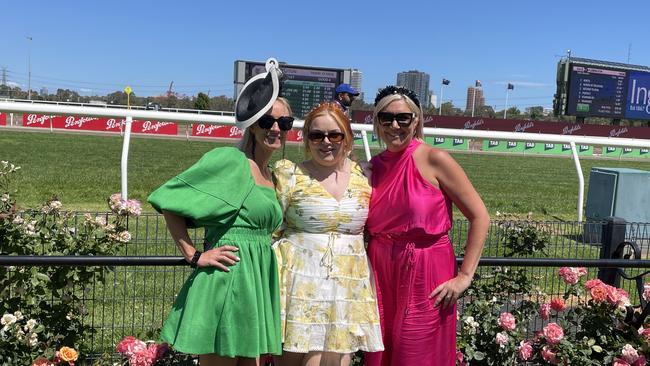 Ashleigh, Kacey and Victoria at the 2024 Crown Oaks Day, held at Flemington Racecourse. Picture: Gemma Scerri