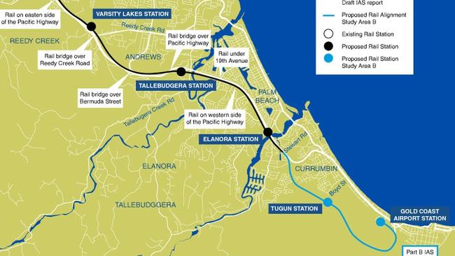 Map of the planned extension of the Gold Coast heavy rail to Gold Coast Airport