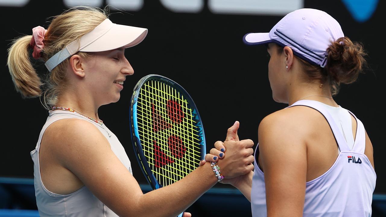 Daria Saville (left) was in severe pain in her right Achilles after her second-round Australian Open match against Ash Barty. Picture: Michael Klein