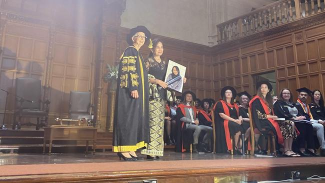 University of Adelaide Chancellor Catherine Branson presented her with Alifia’s posthumous Masters of Media majoring in strategic communications. Picture: Supplied