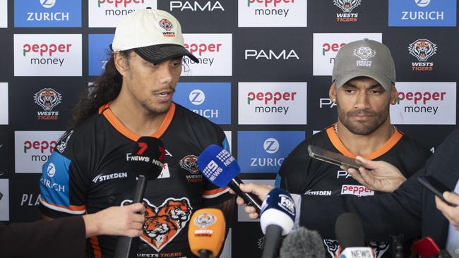 Jarome Luai (left) and Api Koroisau speaking at a West Tigers press conference. Photo Jeremy Piper