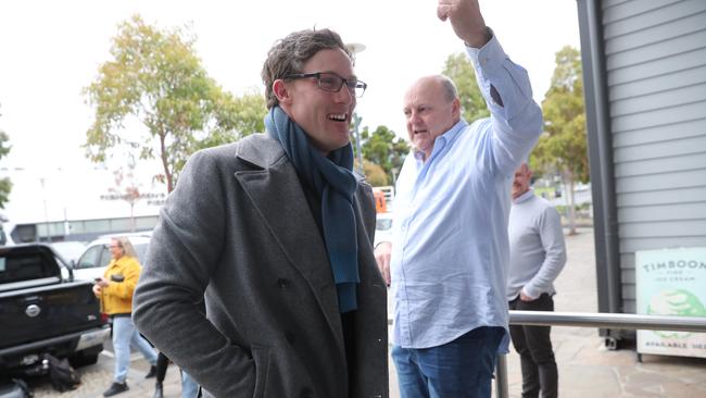 Jed Bews and Billy Brownless. Geelong Cats Mad Monday at the Wharf Shed in Geelong. Picture: Alan Barber