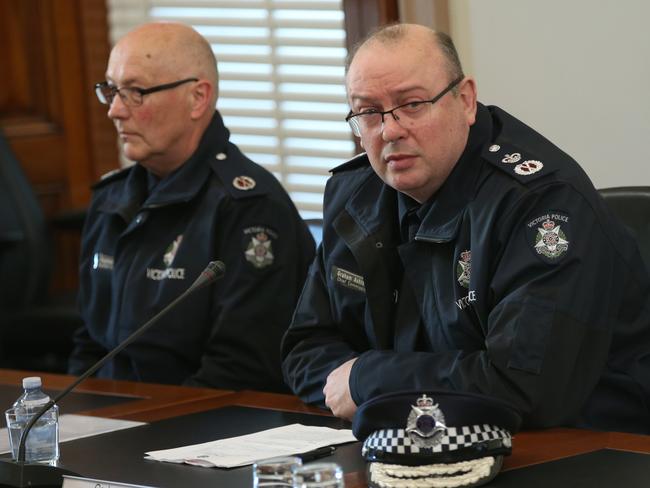 Victoria Police Chief Commissioner Graham Ashton and Assistant Commissioner Steven Fontana on Wednesday. Picture: David Crosling