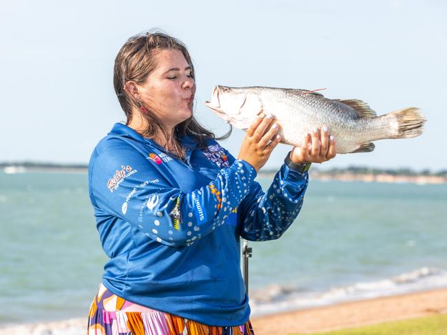 Darwin local Nicole Soltesz dropped a line on Sunday and caught a $20,000 barra on National Gone Fishing Day. Picture: Floss Adams.