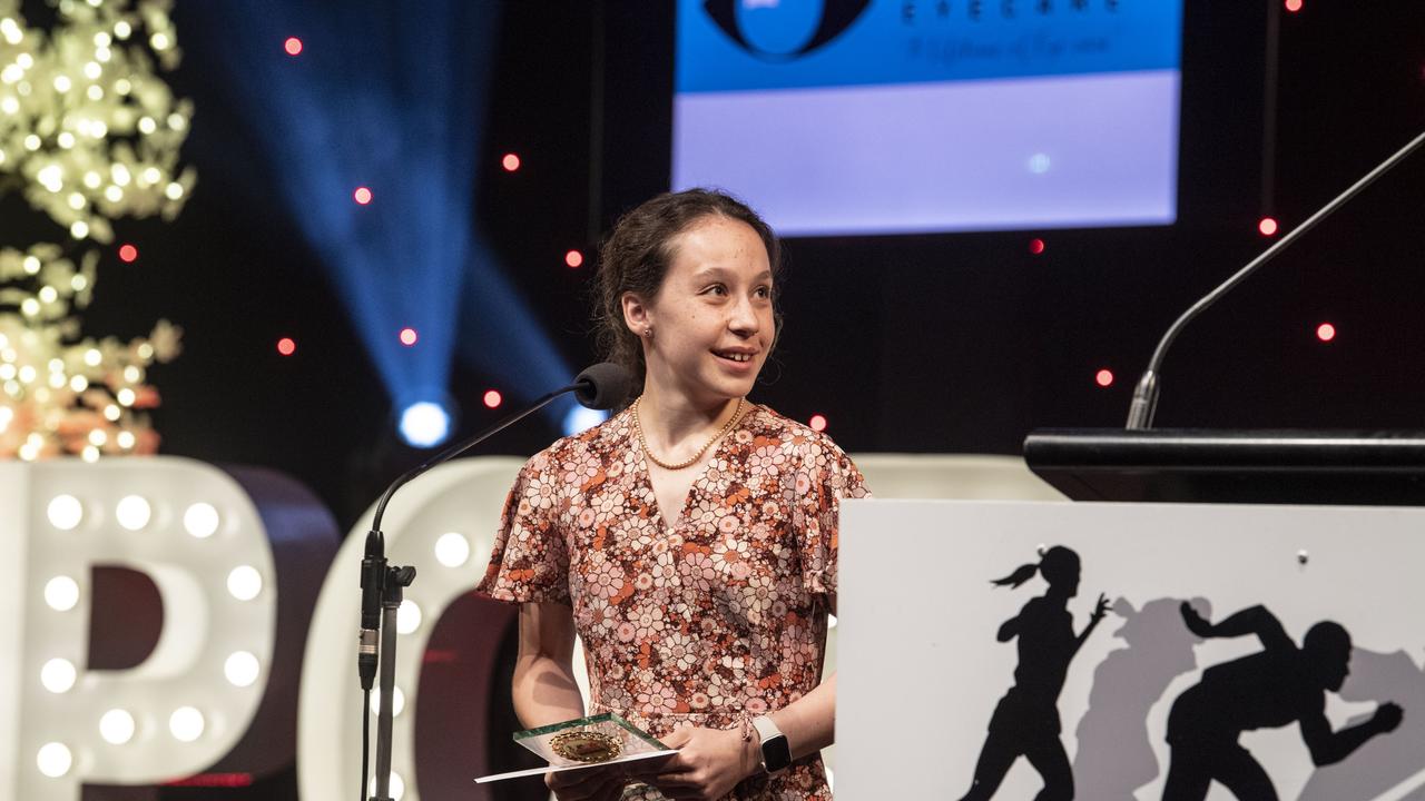 Taylah Chapman accepts the 2022 Sports Darling Downs Junior Para Athlete of the Year award. Picture: Nev Madsen.