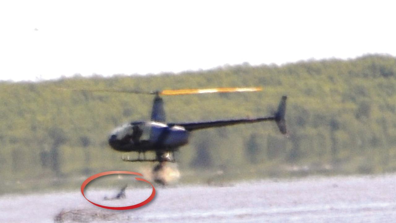 A photo that appeared on the front page of the NT News in 2013 showing what was alleged to be someone shooting a crocodile from a helicopter piloted by Outback Wrangler Matt Wright.