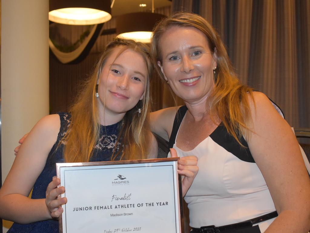 Madison Brown (left) and Ruth Brown at Magpies awards night, October 29, 2021. Picture: Matthew Forrest