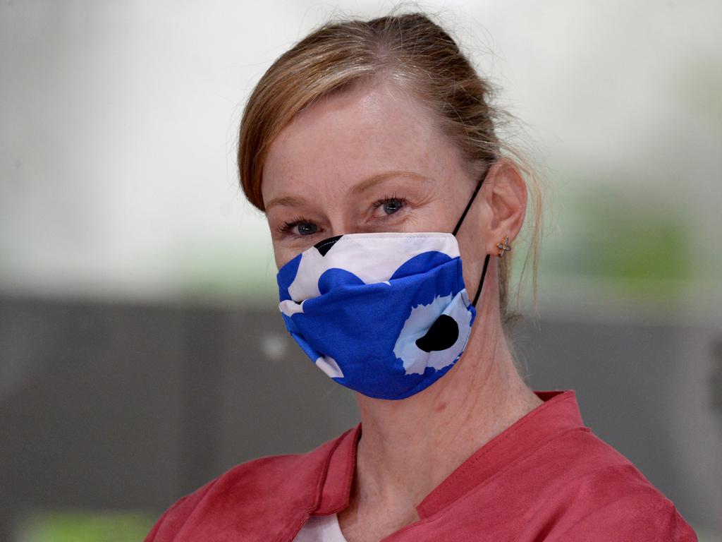 Leigh Sales during one of Victorian Premier Daniel Andrews’ daily press conferences. Picture: NCA NewsWire / Andrew Henshaw