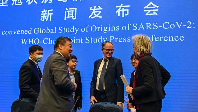 Members of the WHO-China joint study team at a news conference in Wuhan, China, on February 9. Picture: AFP