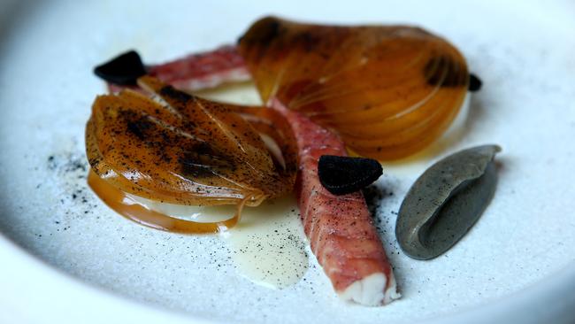 Smoked eel, leek, black garlic and malt vinegar. Picture: Stephen Cooper