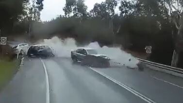 Dash cam footage shows the three cars hit. Video: Bayswater Mitre 10