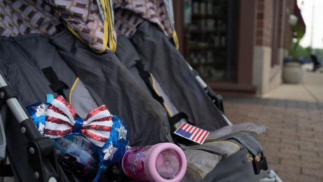 A baby stroller stand at the scene of the Fourth of July parade shooting in Highland Park, Illinois. Picture: Youngrae Kim / AFP