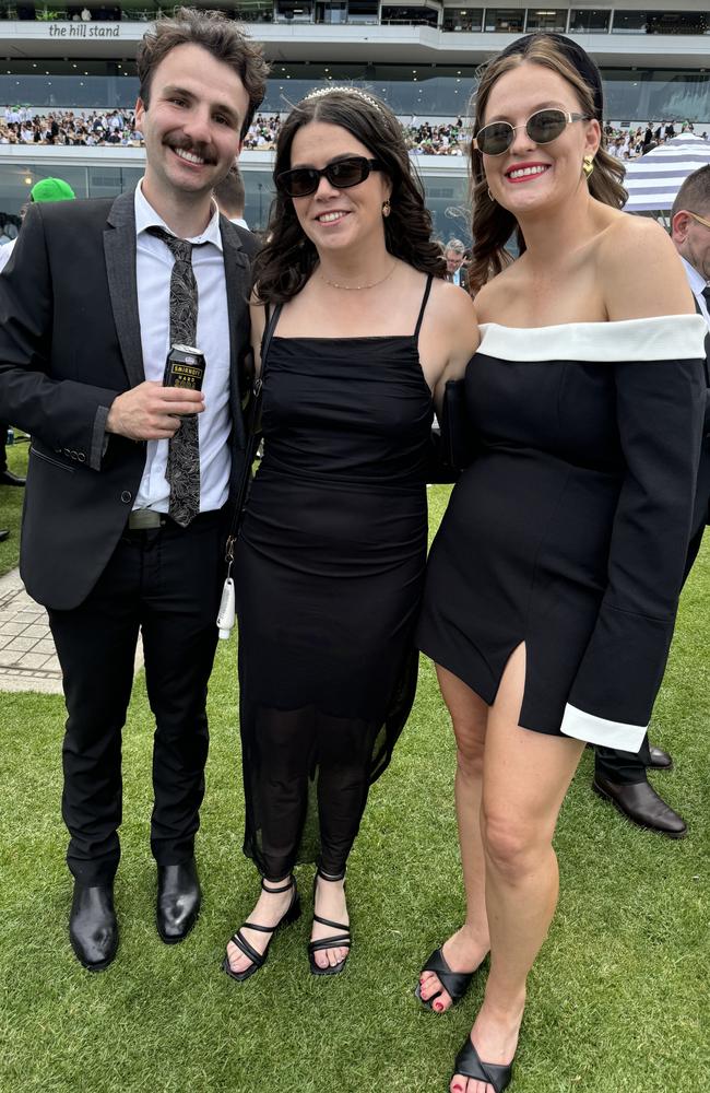 Bailey Whittaker, Gemma Labbett and Belle Barnes at Flemington for Derby Day on November 2, 2024. Picture: Phillippa Butt