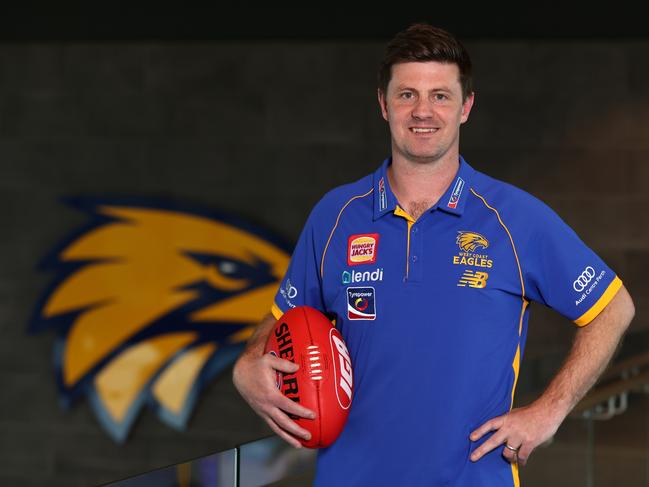 PERTH, AUSTRALIA - SEPTEMBER 30: Andrew McQualter, senior coach of the West Coast Eagles poses during a West Coast Eagles AFL press conference at Mineral Resources Park on September 30, 2024 in Perth, Australia. (Photo by Paul Kane/Getty Images)