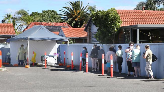 People line up for a COVID check at a pop-up testing clinic at Kurralta Park on Sunday. Picture Dean Martin