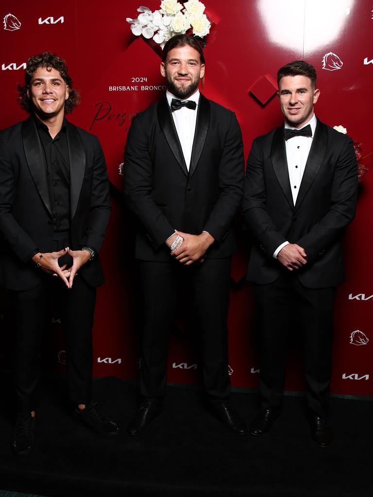 Reece Walsh, Patrick Carrigan and Jock Madden at the Broncos awards night. Picture: David Clark