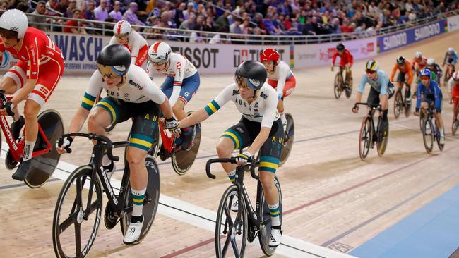 Australia's Annette Edmondson and Amy Cure during the madison at the world championships. Picture: Odd Andersen (AFP).