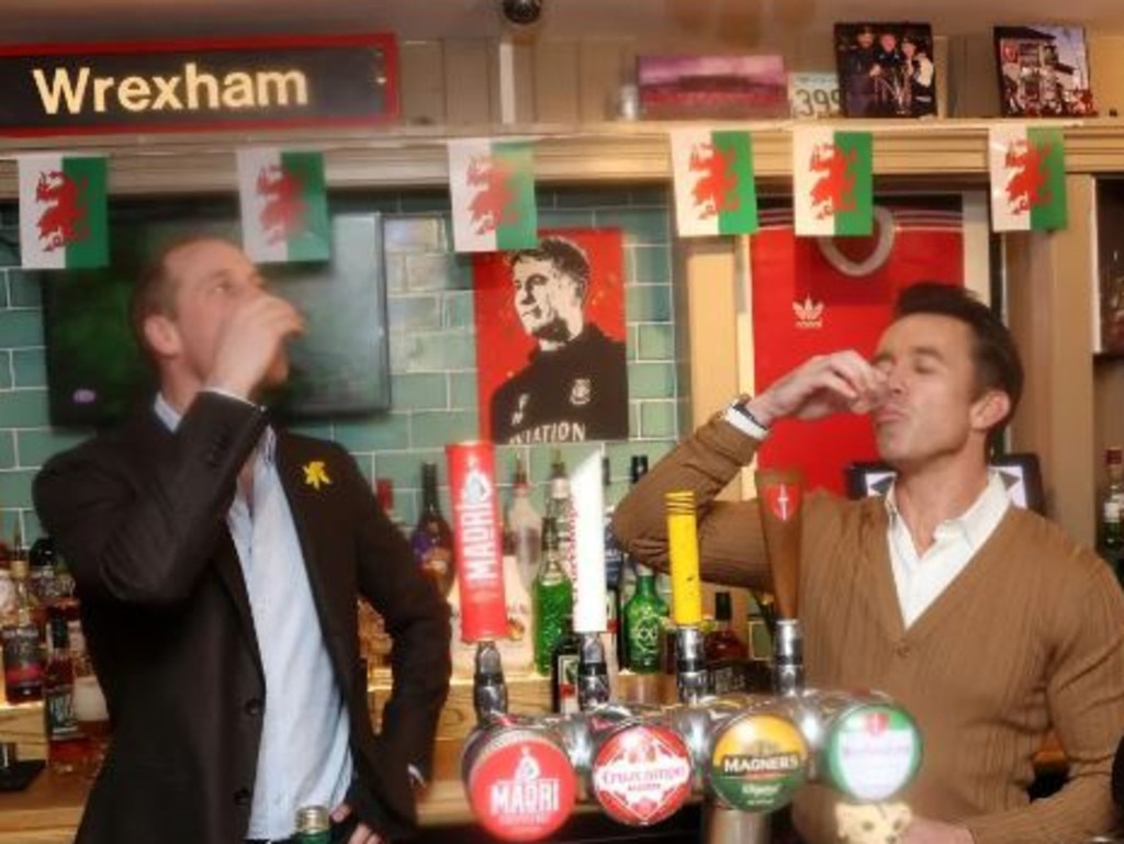 Prince William and TV star – and Wrexham AFC co-owner- Rob McElhenney down shots at a Welsh pub. Picture: Supplied