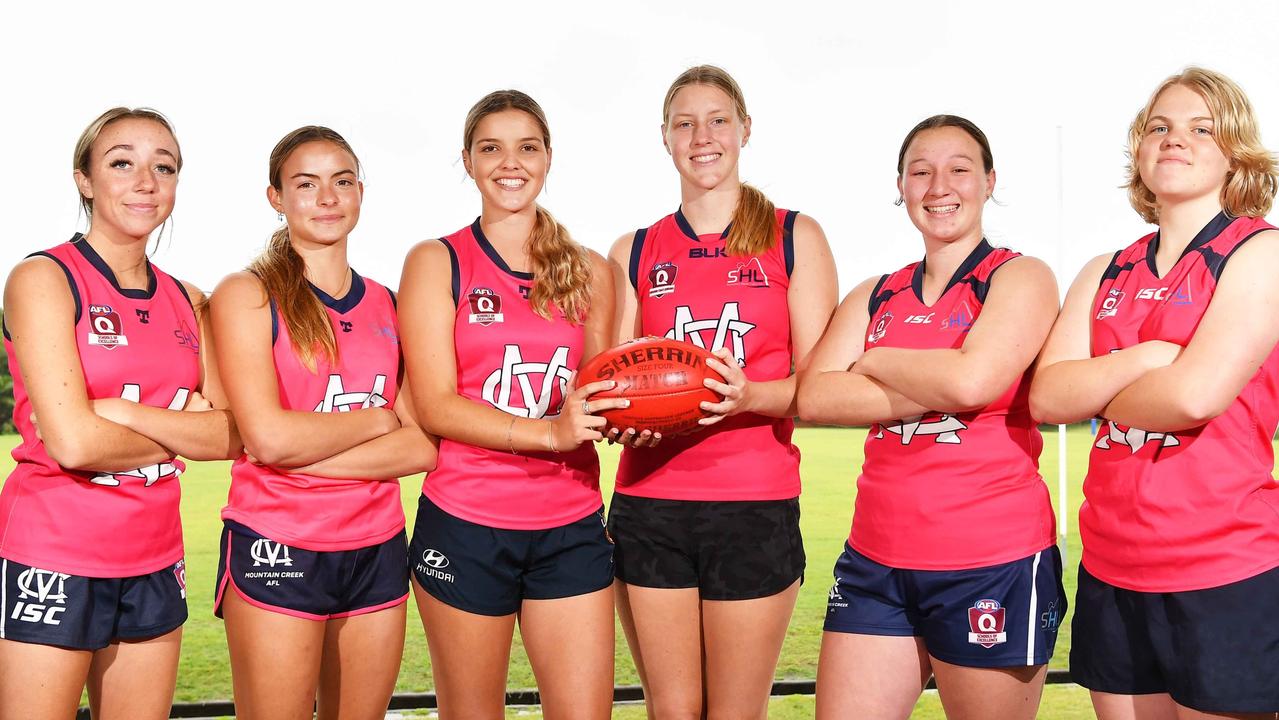 Rogue Hollis (C), Amber Swan (C), Hayley Edgar, Zali Bubb, Hayley Spivey and Lily Gilliland from Mountain Creek State School are preparing for the AFLQ Schools Cup Finals. Picture: Patrick Woods