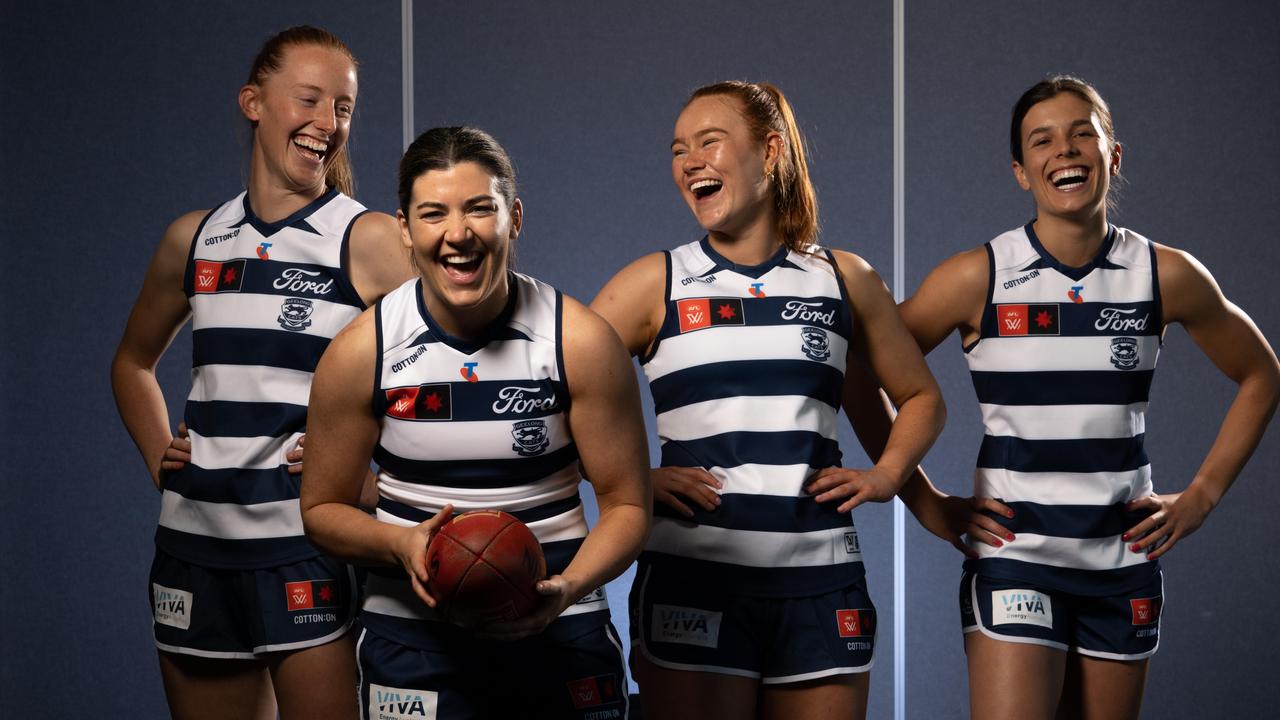 Geelong’s Irish AFLW contingent, Aishling Moloney, Rachel Kearns, Kate Kenny and Anna-Rose Kennedy. Picture: Brad Fleet