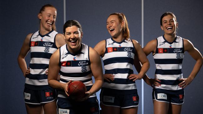 Geelong’s Irish AFLW contingent, Aishling Moloney, Rachel Kearns, Kate Kenny and Anna-Rose Kennedy. Picture: Brad Fleet