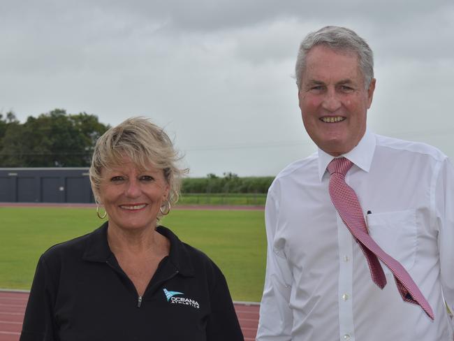 Executive Director of Oceania Athletics Association Yvonne Mullins and Mackay Mayor Greg Williamson announce Mackay will host 2022 Oceania Championships. Picture: Madeleine Graham