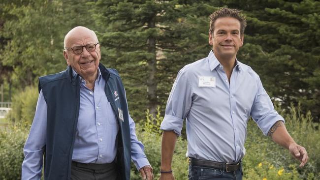 Rupert Murdoch, left, and his son Lachlan Murdoch attend a conference in Sun Valley, Idaho in July. Picture: David Paul Morris