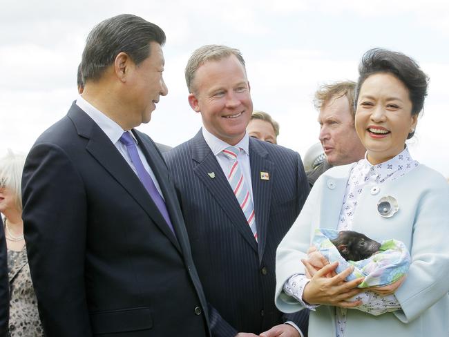 His Excellency Mr Xi Jinping, President of the People's Republic of China and Madame Peng Liyuan meet a baby Tasmanian Devil from Bonorong Wildlife Park, with Premier of Tasmania Will Hodgman (centre) Government House, Hobart, Tasmania, Australia