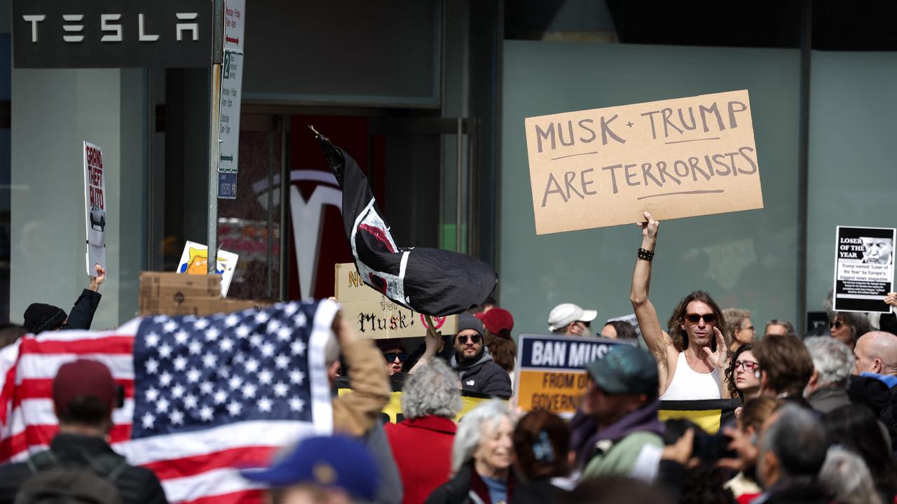 Protesters demonstrate against CEO Elon Musk in New York on March 22. Picture: Charly Triballeau/AFP