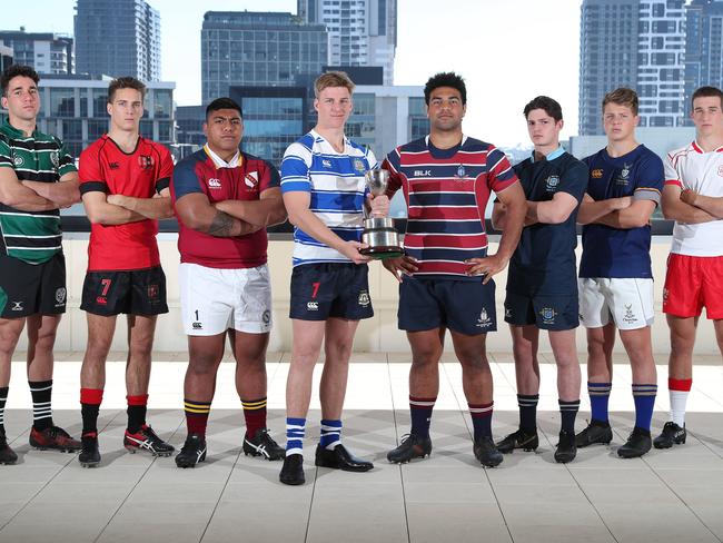 GPS rugby season launch with captains of all the schools in playing kit, South Brisbane. BBC Jacob Blyton, GT Lewis Jorgensen, BSHS Linston Tafa-Tuimavave, NC Mitch Lowrie (with trophy), TSS Zane Nonggorr, BGS Ben Hains, ACGS Aidan King, IGS Jack Webber. Picture: Liam Kidston.